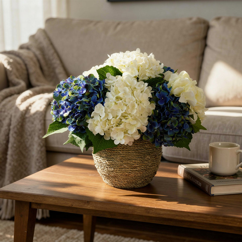 Hydrangeas Arranged in Straw Grass Pot