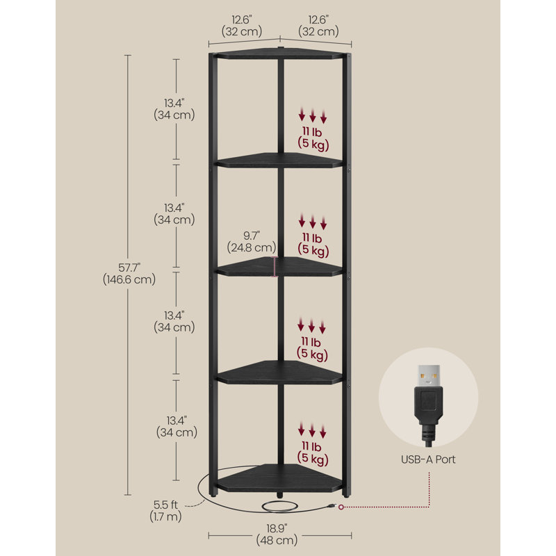 Bibliothèque d'angle à 5 niveaux avec lumières DEL, Noir, noir, noir, noir