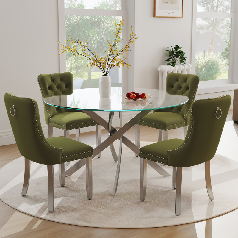 Ensemble de salle à manger Keyari, H 29,5 po x L 47 po x l 47 po, Vert olive, Argent