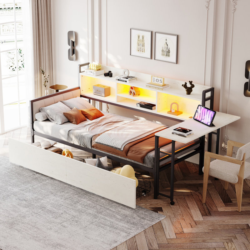 Metal Storage Bed With LED Lighting And Drawers, White