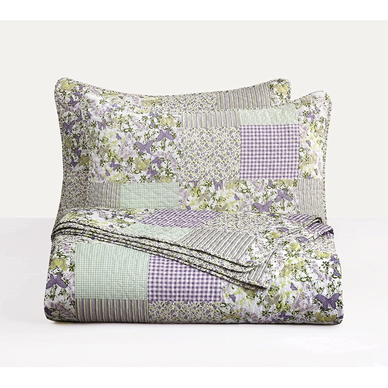 Pre-Washed Purple/Green/White Microfiber Reversible Quilt Set, Queen Quilt + 2 Standard Shams