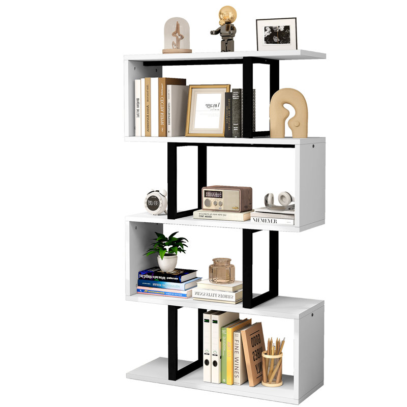 Chaneyra 5-Tier Corner Shelf Unit，80 x 143 cm  S-Shaped Small Bookcase, White/Black