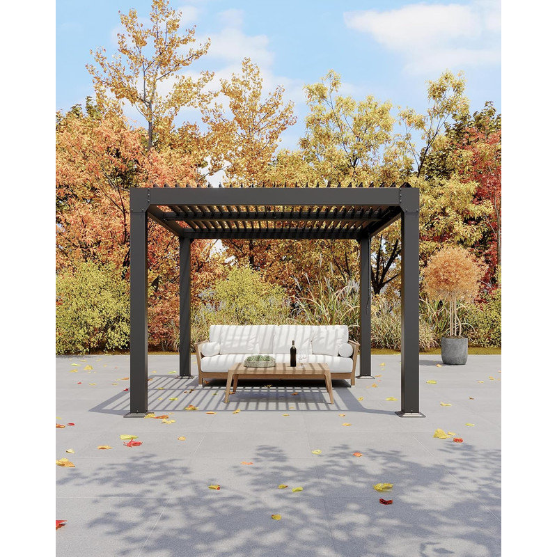 Louvered Pergola with Adjustable Roof, Reinforced Aluminum Frame & Drainage System for Patio, 88" H x 119" W x 119" D