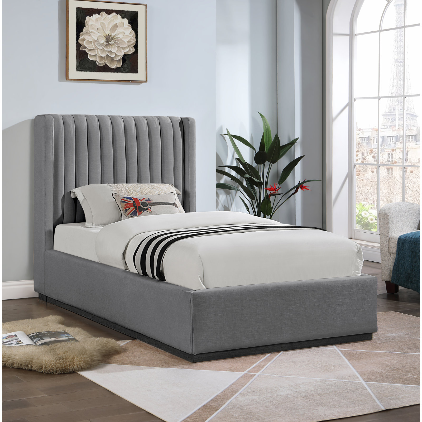 Chamblis Linen Upholstered Bed, Twin, Grey Linen Textured Fabric