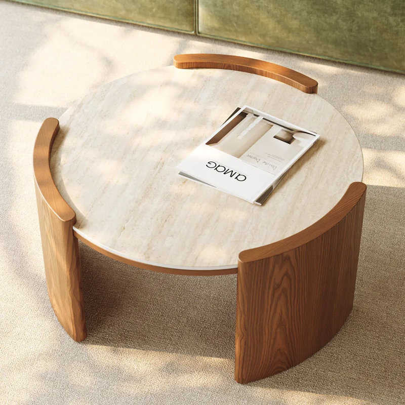 Table basse ronde en pierre frittée, Brun, H 15 po x l 32 po x L 32 po, Beige clair