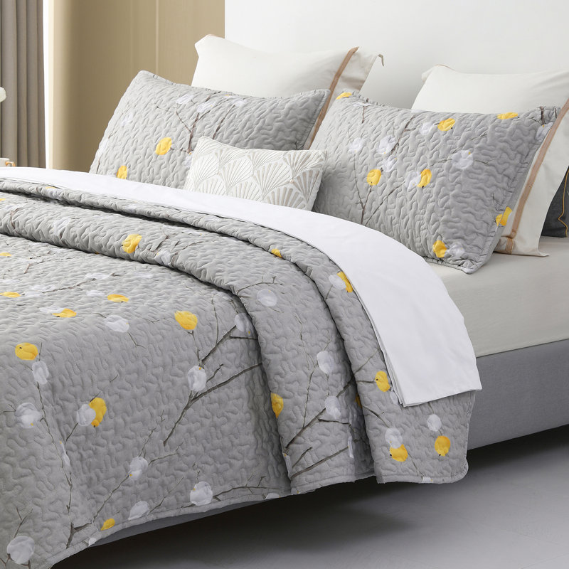 Sleepbella Quilt Set 3pcs, Printed With Pattern, All Season Lightweight Coverlet Sets, Botanical Gray