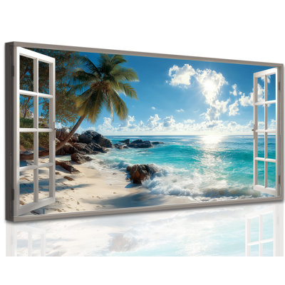  Beach Canvas Wall Art Open Window Prints Tropical Picture Artwork Decor, Serene Coastal Painting with Palm Tree and Ocean Scene Summer Wall Art for Bedroom Living Room Bathroom Office, 20x40 inches