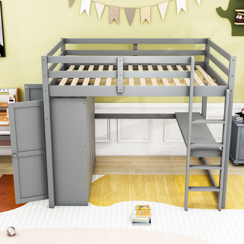 Lit mezzanine double en bois avec bureau intégré, tablettes de rangement, tiroirs et garde-robe, Gris