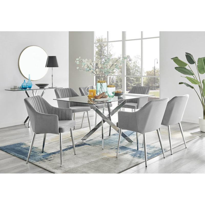 Lenworth Chrome and Glass Rectangular Dining Table Set with 6 Luxury Modern Velvet Chairs, Green/Silver