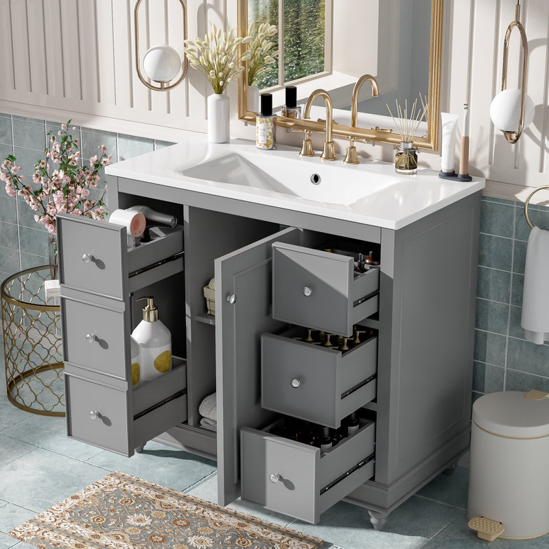 Meuble-lavabo moderne 36 po avec lavabo en céramique, 4 tiroirs et rangement