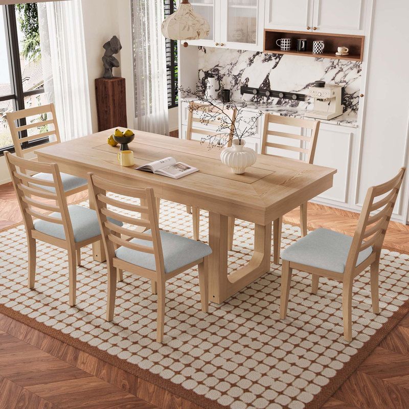 Ensemble de table de salle à manger extensible 7 pièces, table extensible avec rallonge de 18 po et chaises rembourrées 6 pièces Farmhouse