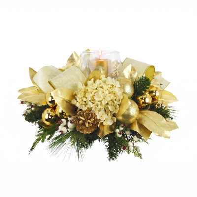 Holiday Candleholder With Hydrangeas And Magnolia Leaves