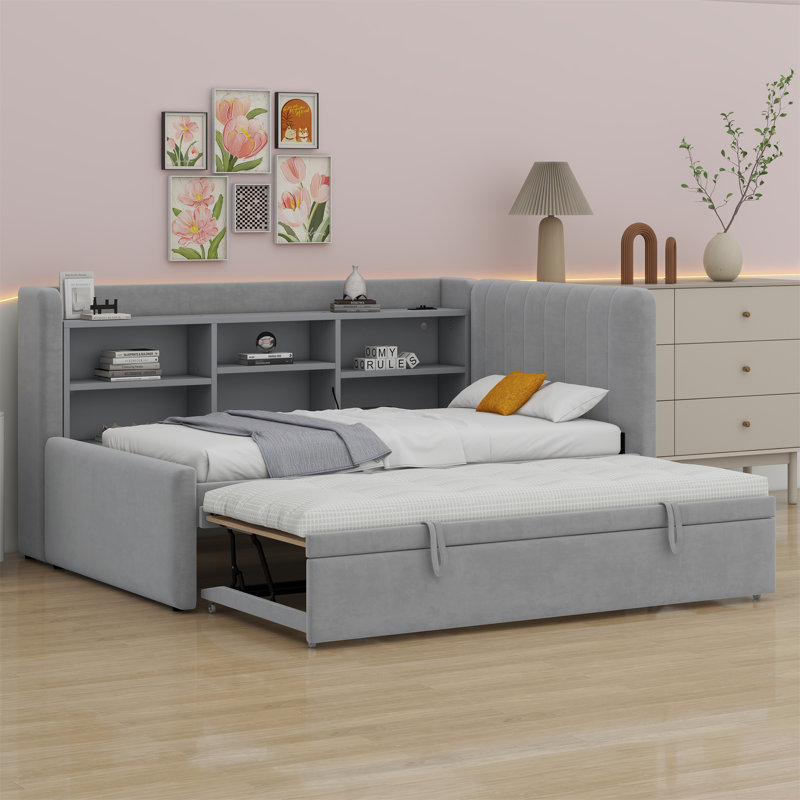 Lit de jour rembourré avec lit gigogne, tablettes de rangement, port USB et prise de courant, Gris