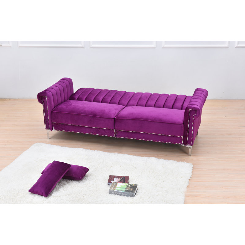 Ermera 85" Velvet Round Arm Sleeper Sofa, Violet