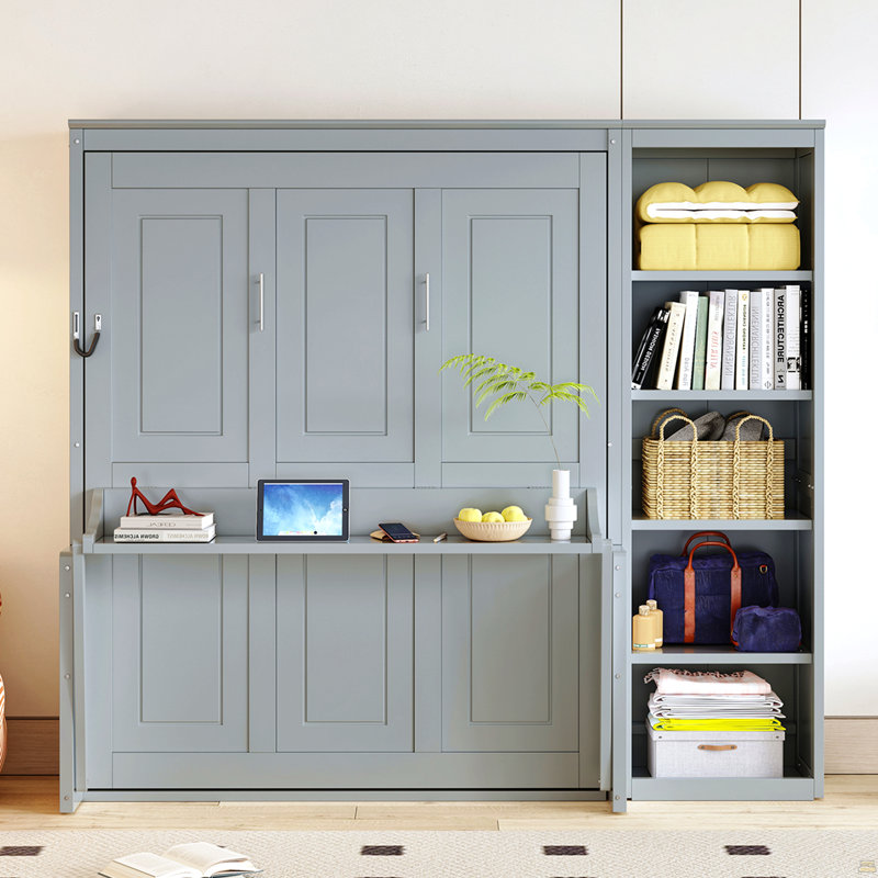 Lit escamotable double avec bureau et bibliothèque, gris