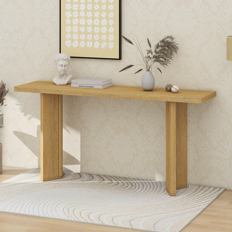 Élégante console avec plateau en placage de pin et pieds géométriques, table d'entrée en bois aggloméré moderne pour le salon, le bureau et la salle à manger