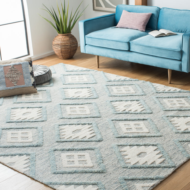 Vermont Hand Loomed Wool/Cotton Southwestern Rug in Ivory/Blue, Rectangle 8' x 10'