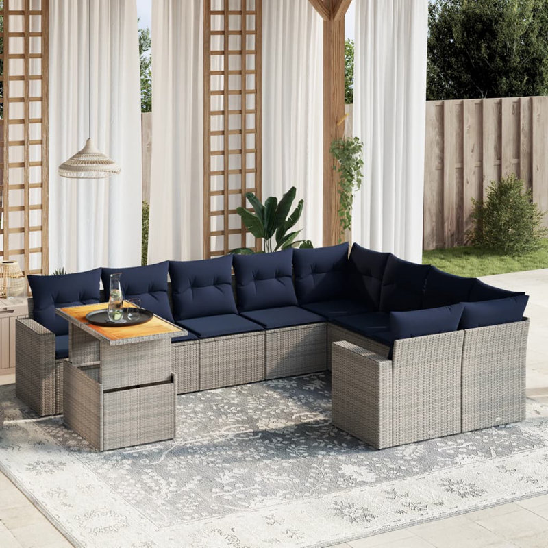  Ensemble de canapé de patio 10 pièces avec coussins en rotin de polyester, Gris, Bleu