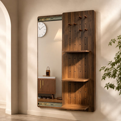 Wall Mounted Full Length Mirror With Hidden Storage And Sliding Pegboard