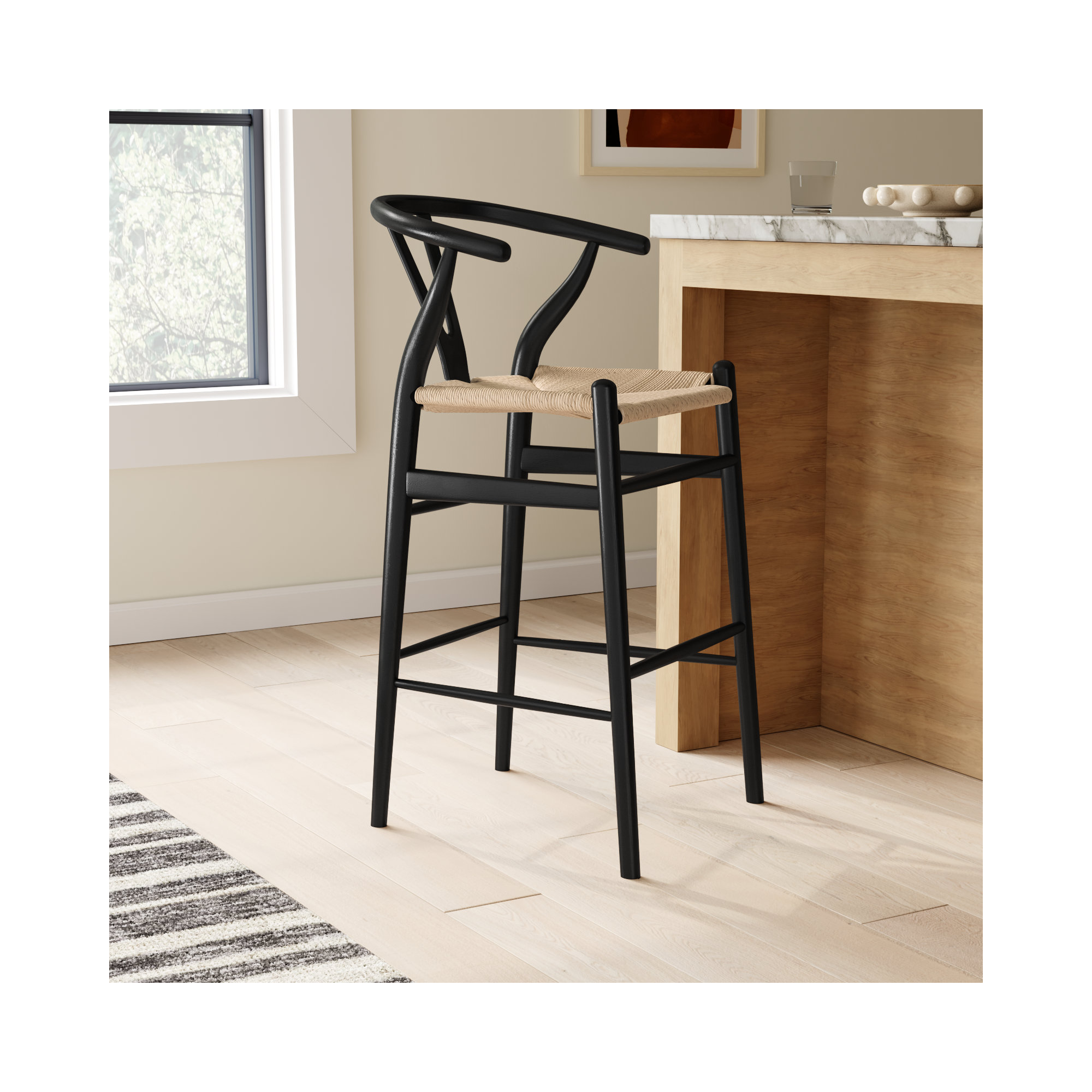 Fairbanks Solid Wood Bar/Counter Stool, Black, Bar Stool (30.3" Seat Height), Natural