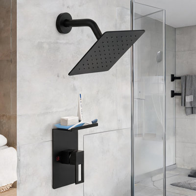 Shower System with Storage Shelf and 8-Inch Rain Head in Matte Black Metal, Wall-Mounted