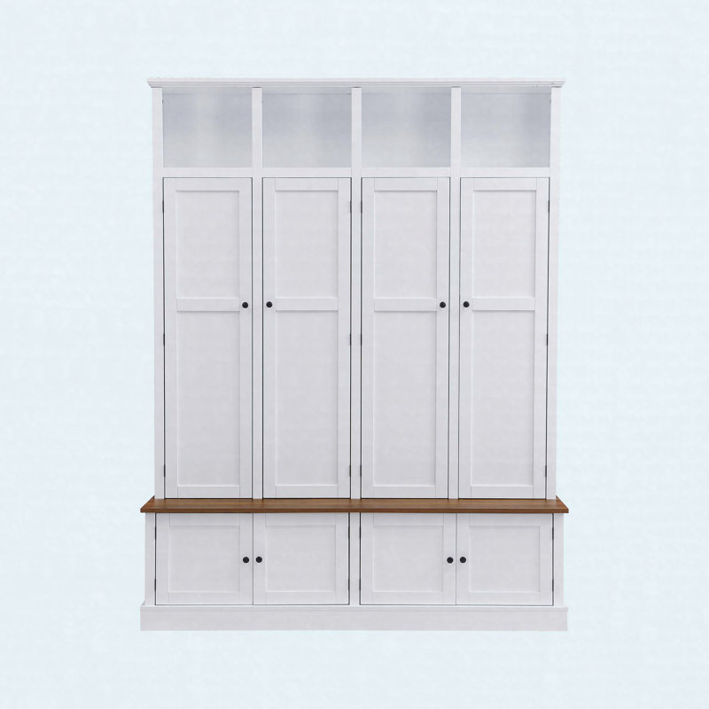 76.7" Farmhouse Hall Tree with Bench and Cabinet, 4-in-1 Entryway Storage Organizer with Hooks and Open Cubbies, White
