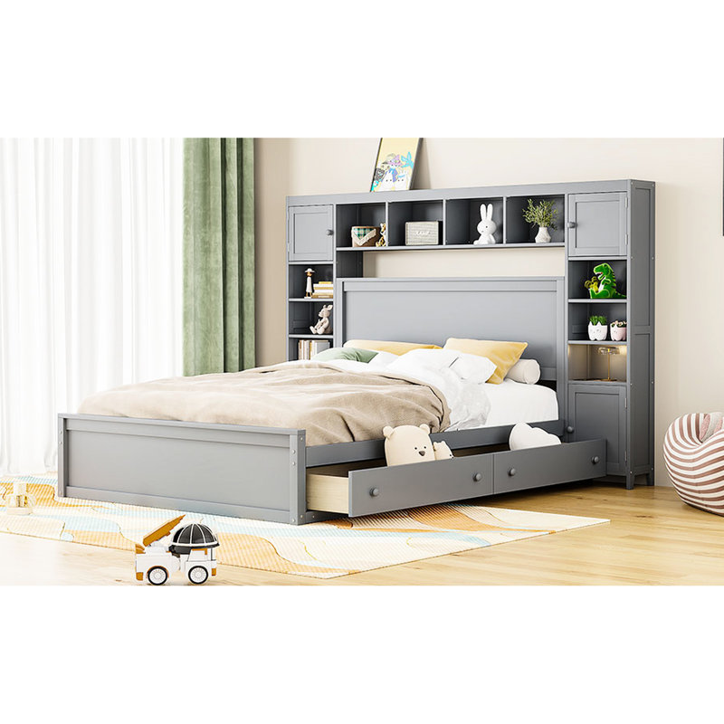 Très grand lit gris avec armoire tout compris, tablette et douille - arrangement intégré splendide, Gris