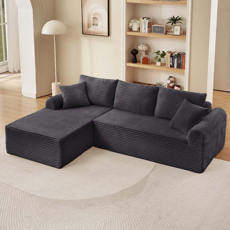 Ensemble de chaise longue à compression complète - Canapé modulaire en velours côtelé avec accoudoirs arqués, base antidérapante, comprenant 3 coussins de dossier et 2 coussins décoratifs