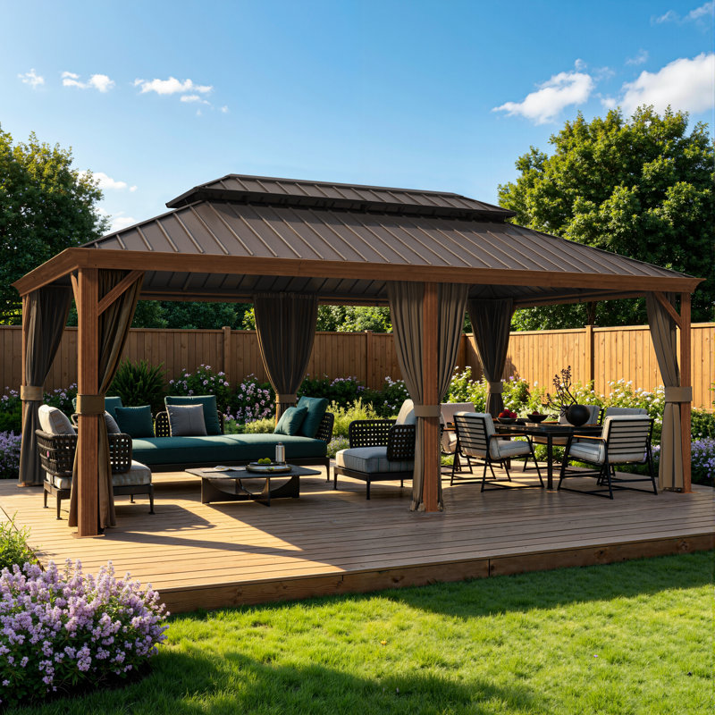 Pavillon de jardin en aluminium 12 po x 20 pi avec toit double en acier galvanisé, moustiquaire, rideaux d'intimité et crochets de plafond - Pavillon de jardin d'extérieur en grain de bois pour patio, terrasse et cour arrière