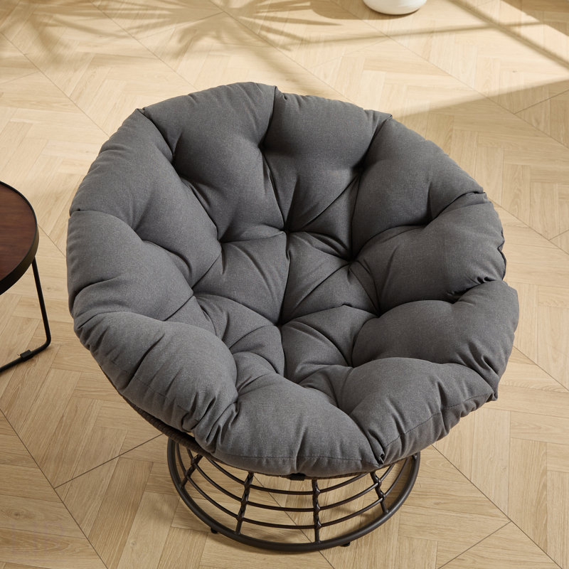 Comfortable Ergonomic Wicker Papasan Chair, 360° Swivel Indoor Outdoor Rattan Chair With Soft Thick Cushion, Ideal For Living Room, Bedroom, Reading Room, Brown Frame With Grey Cushion, Chair