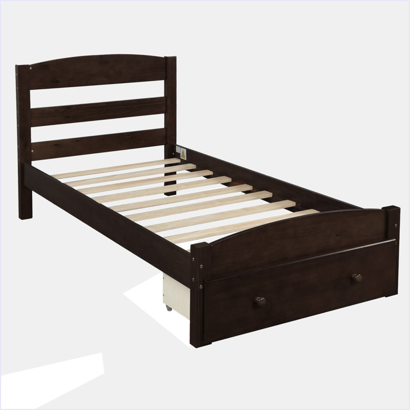 Structure de lit plateforme simple avec tiroir de rangement et support en lattes de bois sans sommier, Espresso