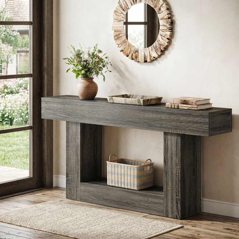 Console 63 po avec tablettes à 2 niveaux, table d'entrée avec base en U, canapé long et étroit pour vestibule, vestibule