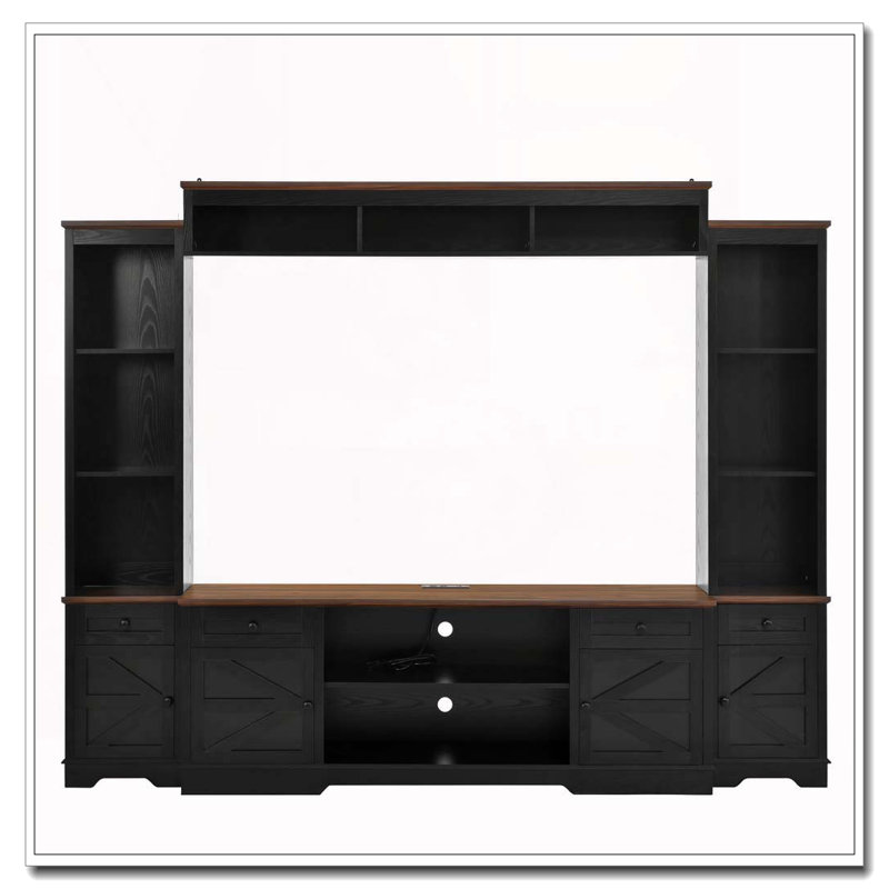 98.8" W Wall Unit Entertainment Center with Bookshelves for TVs up to 80", White+Walnut