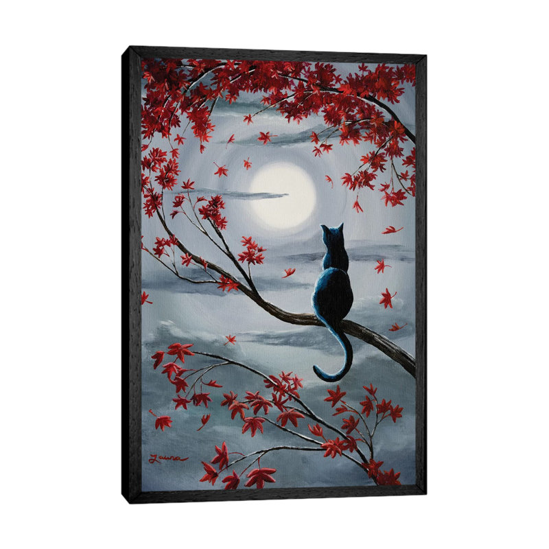 Black Cat In Silvery Moonlight by Laura Iverson - Painting on Canvas, Black Floater Framed, 66cm H x 46cm W x 3.81cm D