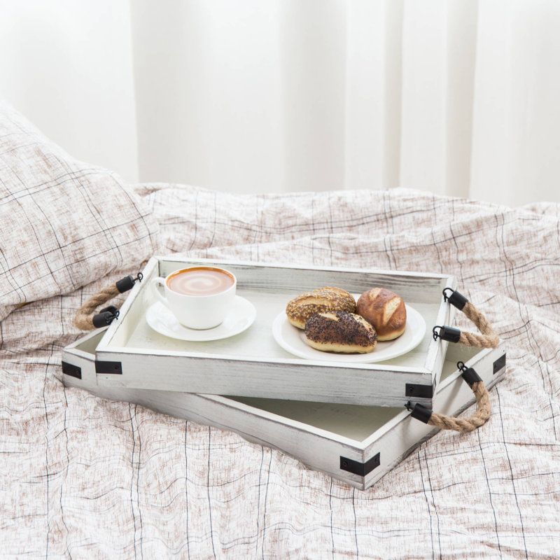 Wood 2 Piece Serving Tray Set, White