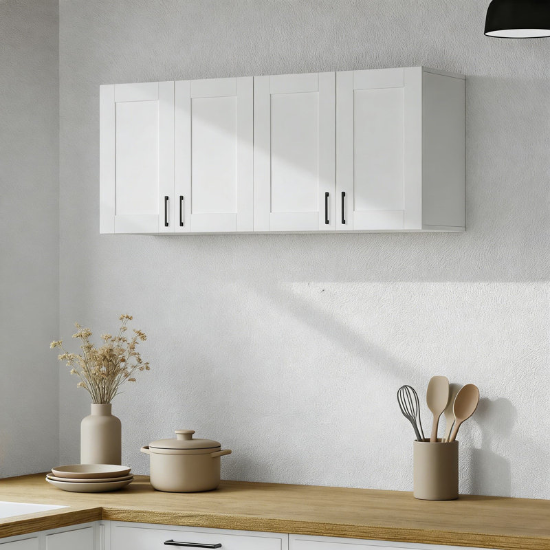Armoire de rangement murale en bois blanc avec tablette réglable, conception à 4 portes pour la salle de lavage, la cuisine, le garde-manger et l'organisation de la salle de bain