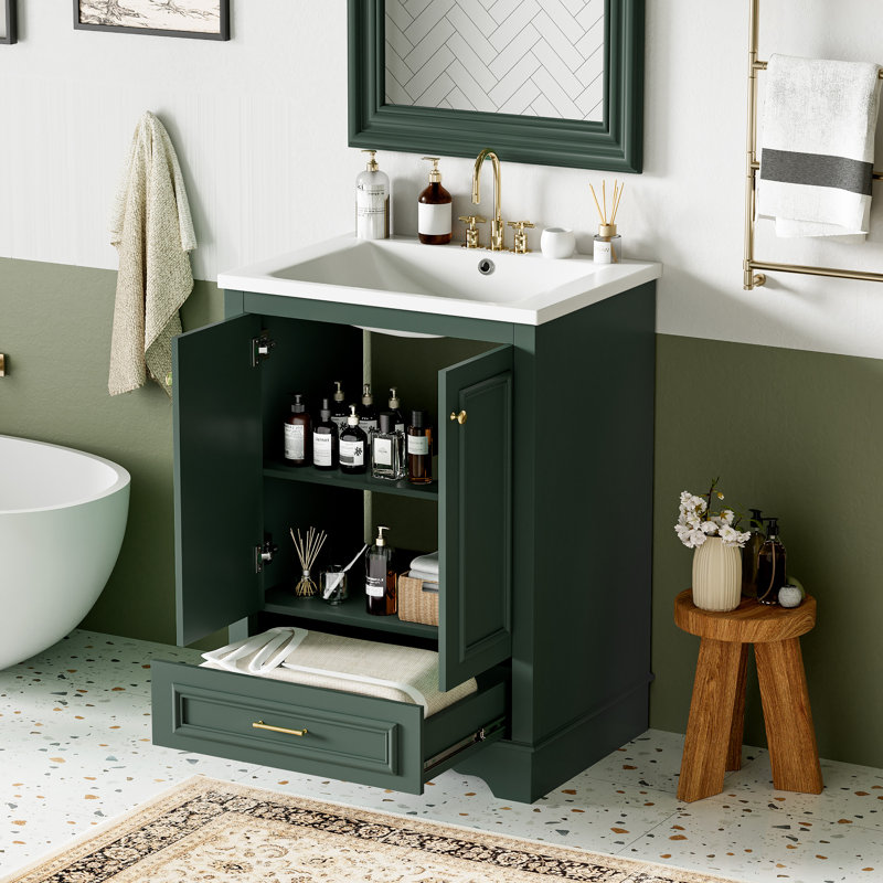  24'' Bathroom Vanity with Ceramic Sink Combo, Modern Freestanding Storage Cabinet with Silver Handles and Soft Closing Doors, Green