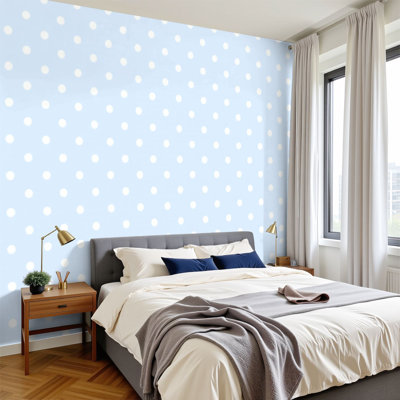 Peel and Stick Wallpaper 96" W x 69" H Modern Self Adhesive Wall Mural for Bedroom Light Blue Polka Dot White Dots