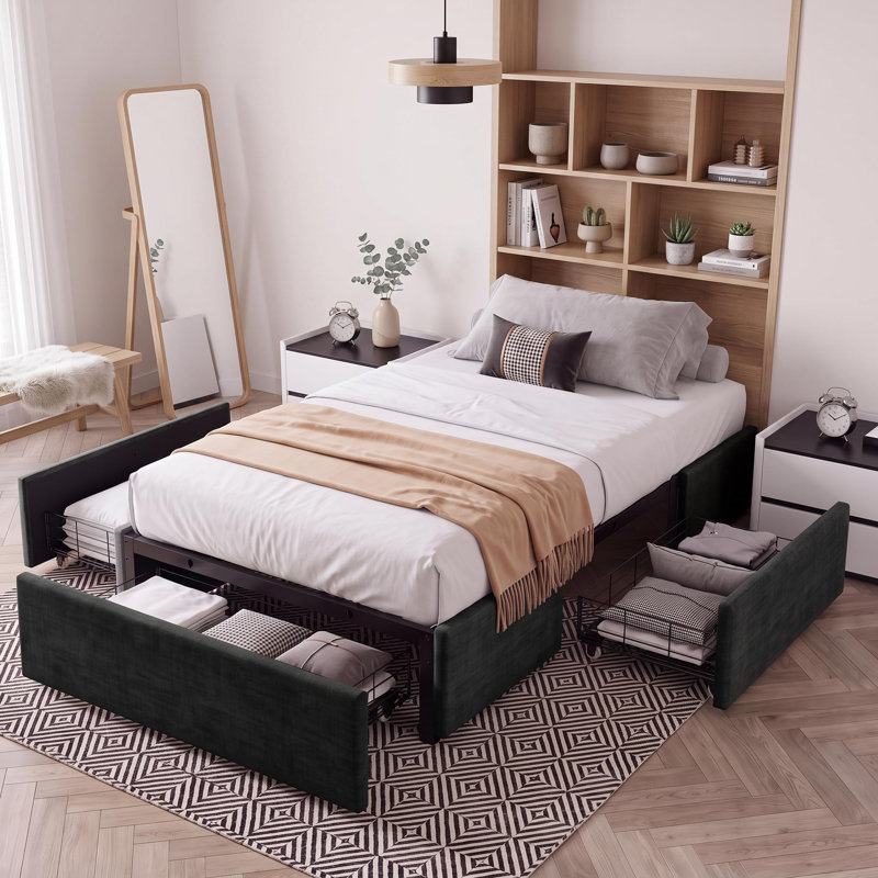Cadre de lit simple avec plateforme à 3 tiroirs de rangement, sans tête de lit, gris foncé