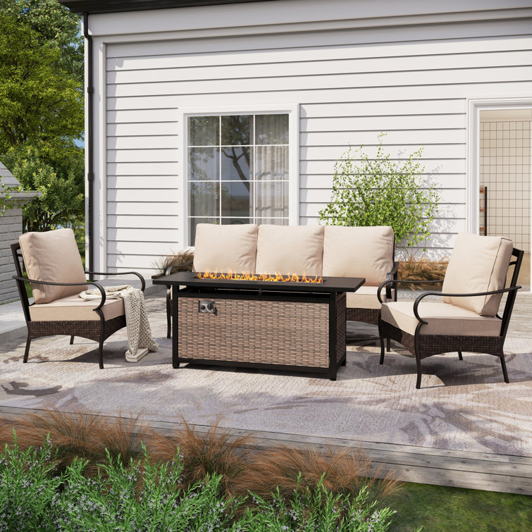 Arwand Outdoor Patio Conversation Set with Fire Pit Table & Optional Ottomans