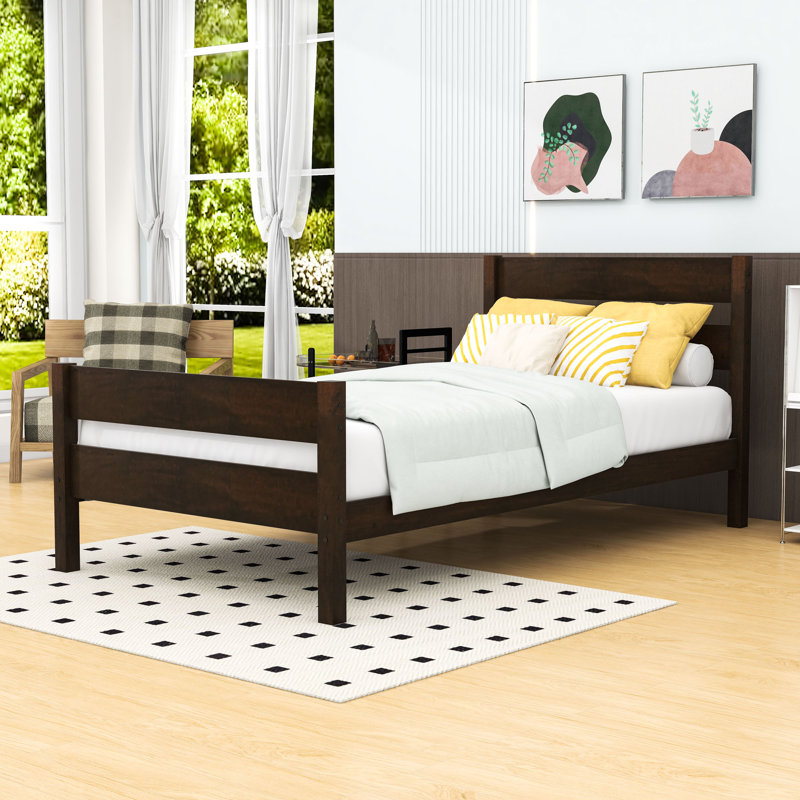 Lit simple en bois avec tête et pied de lit, conception peu encombrante, Espresso