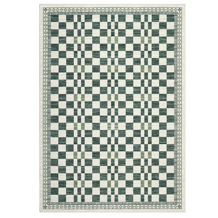 Modern Checkered Machine Washable Non-Slip Rug, Stain-Resistant Floor Cover, Ultra-Soft Faux Wool Contemporary Geometric Indoor Mat for Living Room, Bedroom