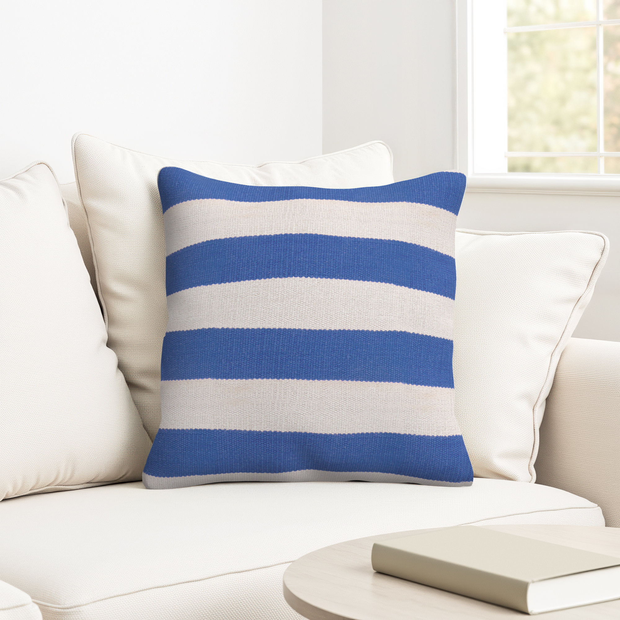 Brady Striped Cotton Throw Pillow, Down, 22" x 22", Blue