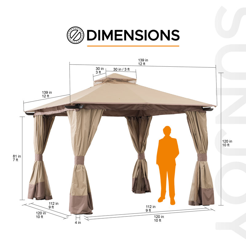 Sunjoy 12 x 12 ft Aluminum Frame 2-Tier Steel Soft Top Gazebo with Netting and Curtains, Beige/Dark Brown