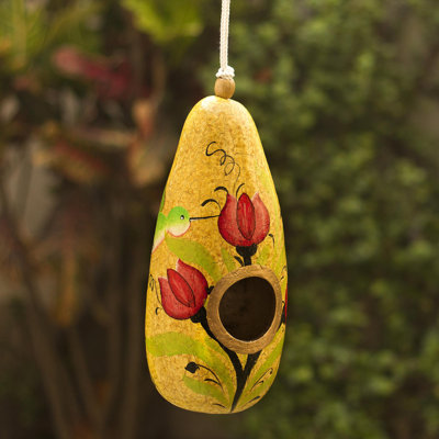 Maison d'oiseaux avec tulipes et colibri
