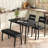 Dining Table Set for 4, Sturdy Wooden Kitchen Table with Chamfer Design and Metal legs, Upholstered Bench-1216015259