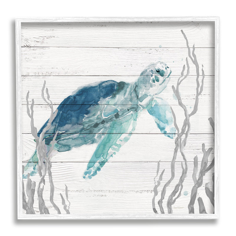 " Sea Turtle Ocean Botanicals Rustic Plank Pattern " by Carol Robinson, 17" H x 17" W x 1.5" D