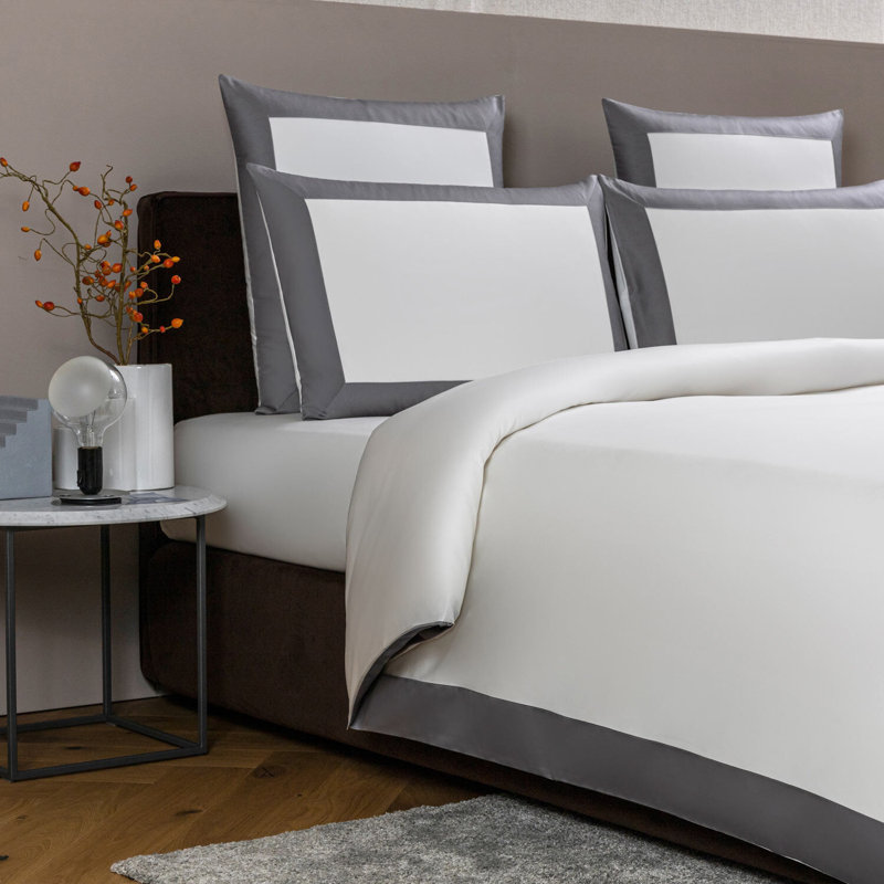 Bold Sateen Duvet Cover, Milk/Slate Gray, Queen Duvet Cover