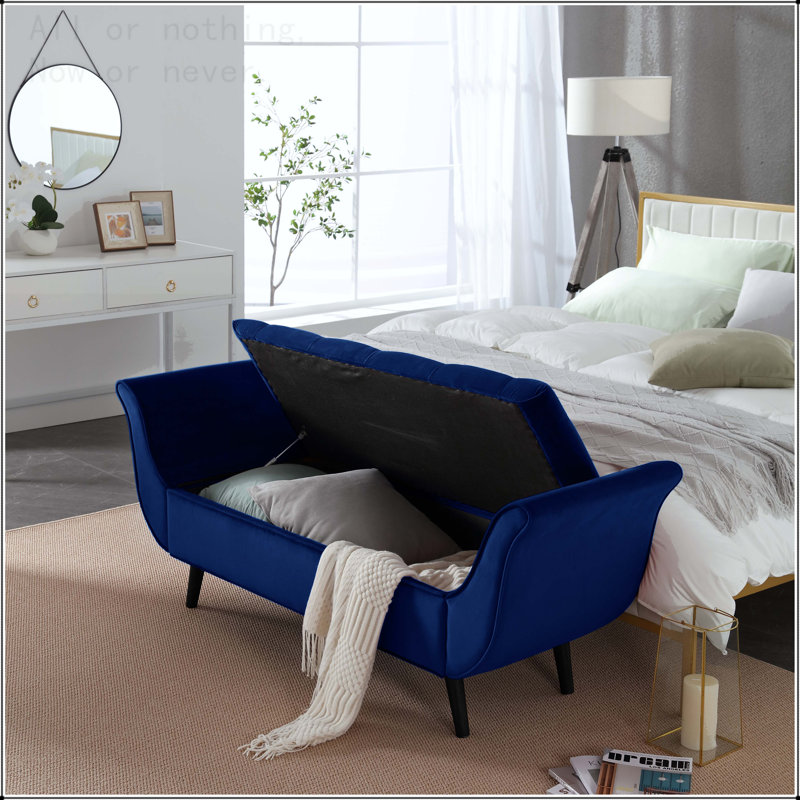 Vintage Tufted 65-inch Long Bench, Velvet Upholstered Storage Ottoman with Classic Retro Design, Navy, Black