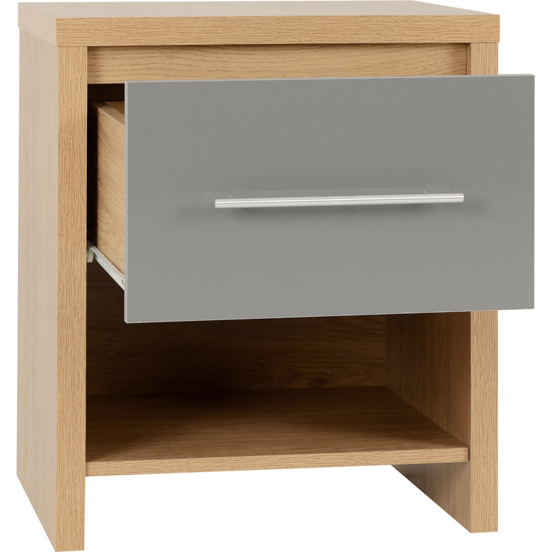 Louisa 1 Drawer Bedside Table, Light Oak Veneer/Grey High Gloss